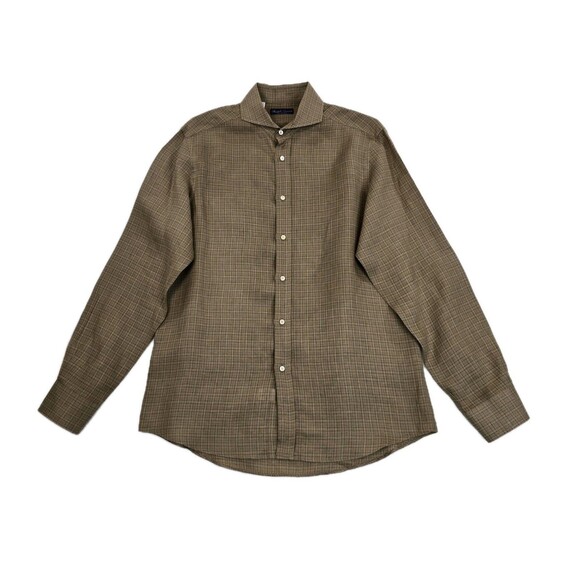 Ralph Lauren Shirt Mens 16 Brown Green Linen Plaid Made in Italy Purple Label - Picture 1 of 16